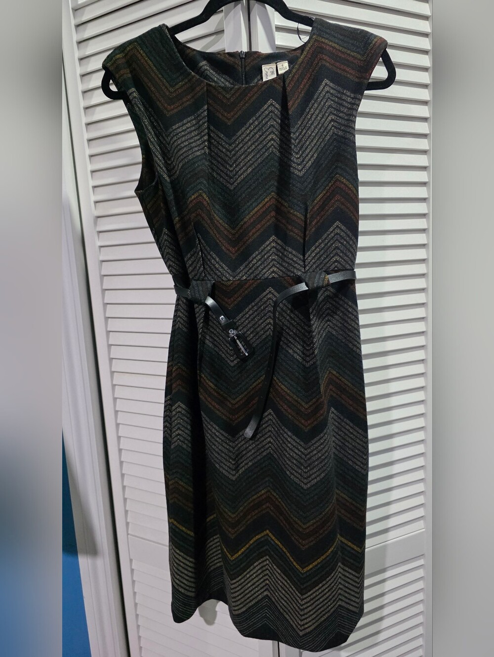 Emma & Michele Dark Multicolor Chevron Midi Dress with Belt